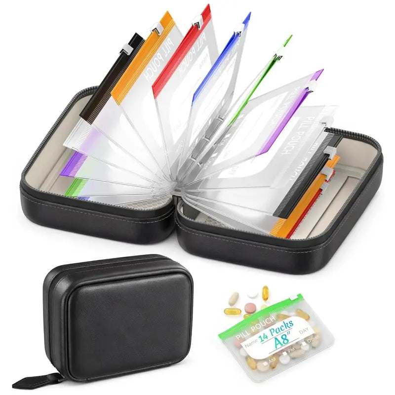 Weekly Pill Pouch Organizer – 14 Color-Coded Reusable Pouches with Travel Case
