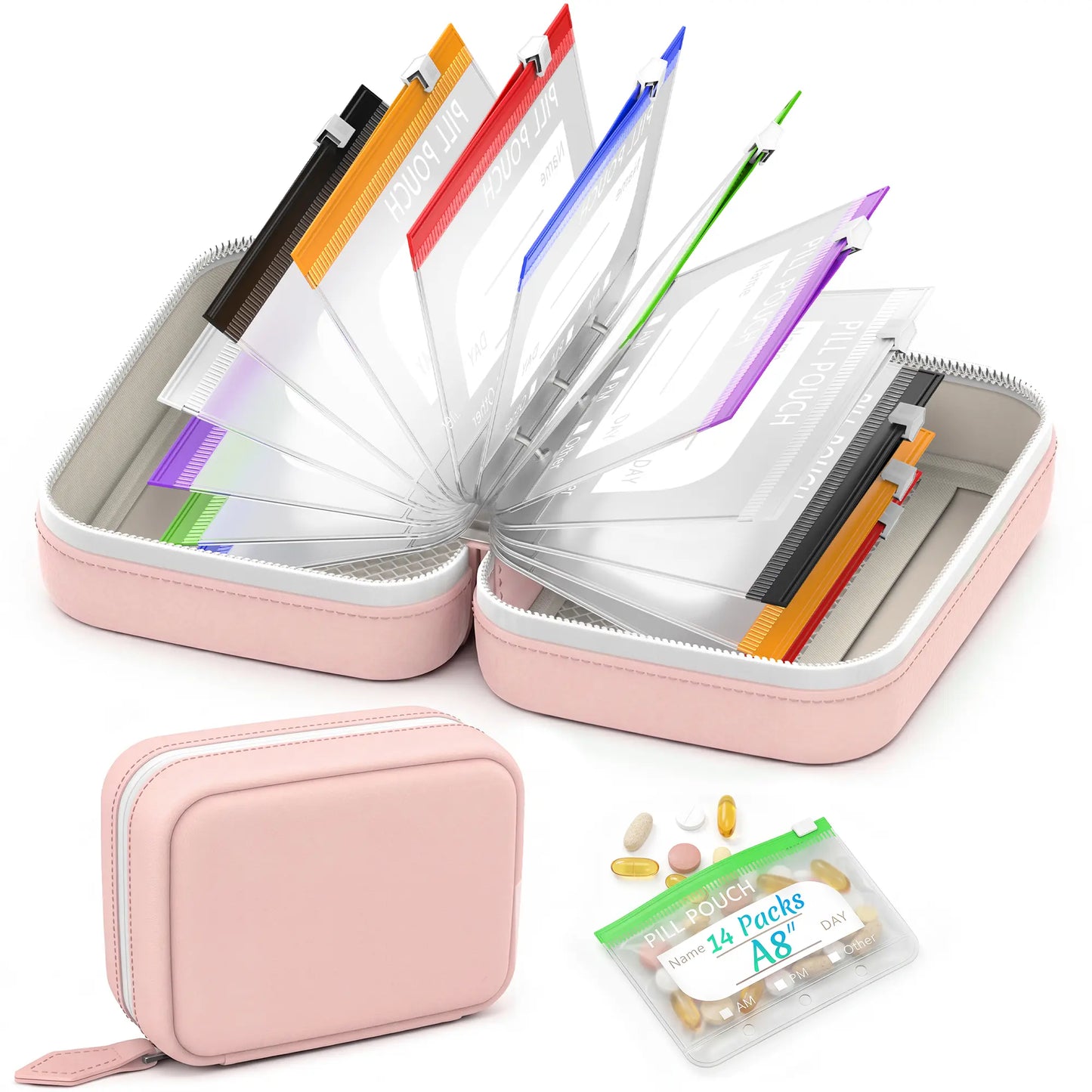 Weekly Pill Pouch Organizer – 14 Color-Coded Reusable Pouches with Travel Case