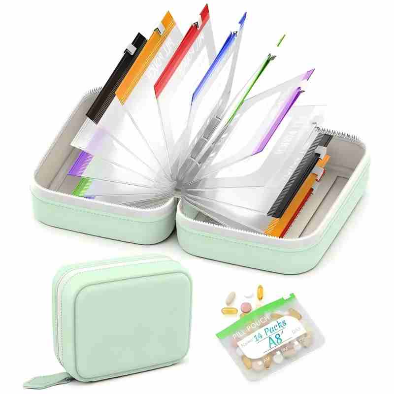 Weekly Pill Pouch Organizer – 14 Color-Coded Reusable Pouches with Travel Case