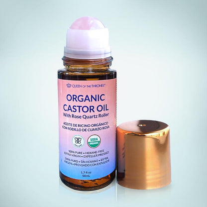 Organic Castor Oil Roll-On with Genuine Rose Quartz Massage Roller