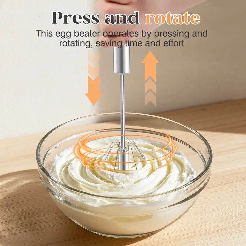 Hand-Push Rotary Whisk - Gear-Driven Stainless Steel Mixer For Fast, Effortless Frothing & Blending