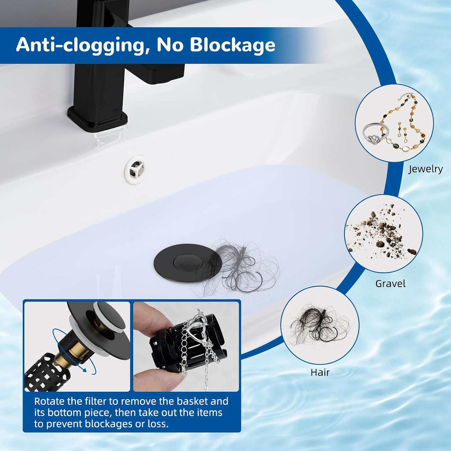 3-in-1 Bathroom Sink Drain Stopper - Pop-Up Hair Catcher For Cleaner Drains