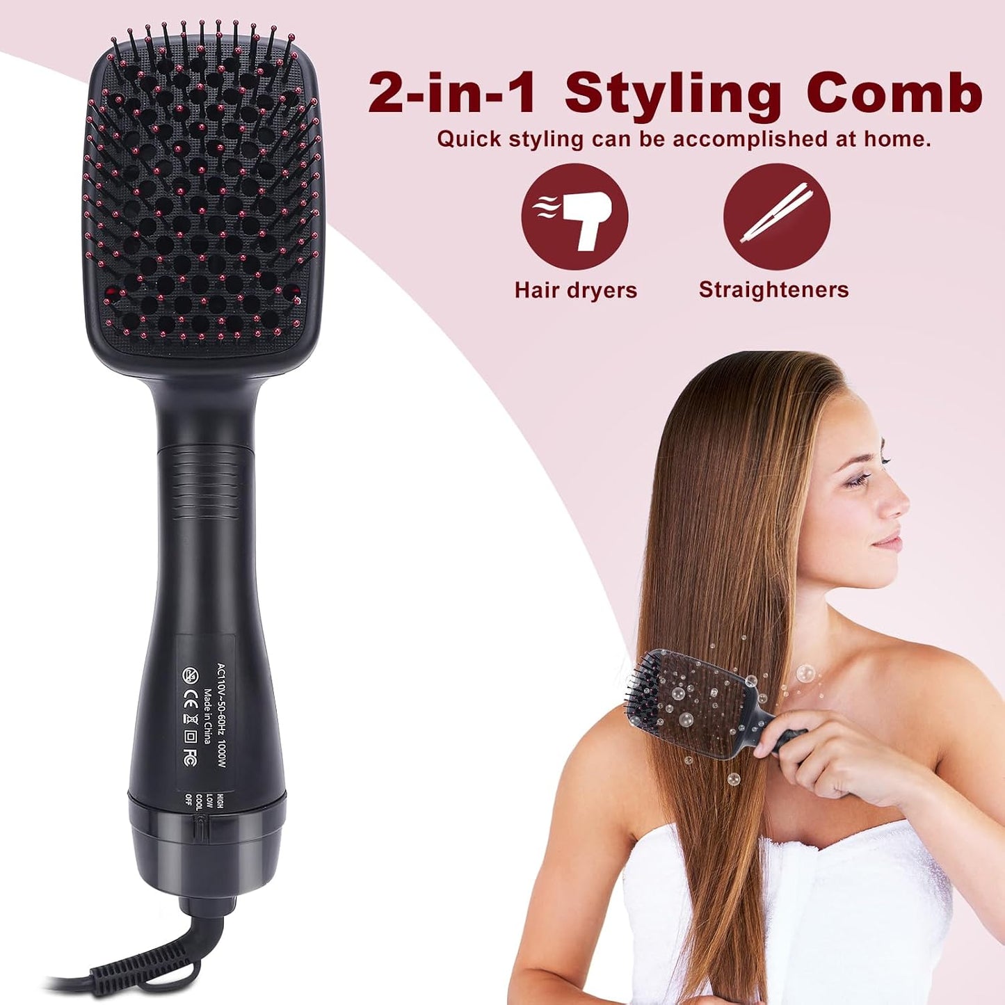 2-in-1 Hair Dryer Brush - Hot Air & Negative Ion Technology For Smooth Voluminous Hair
