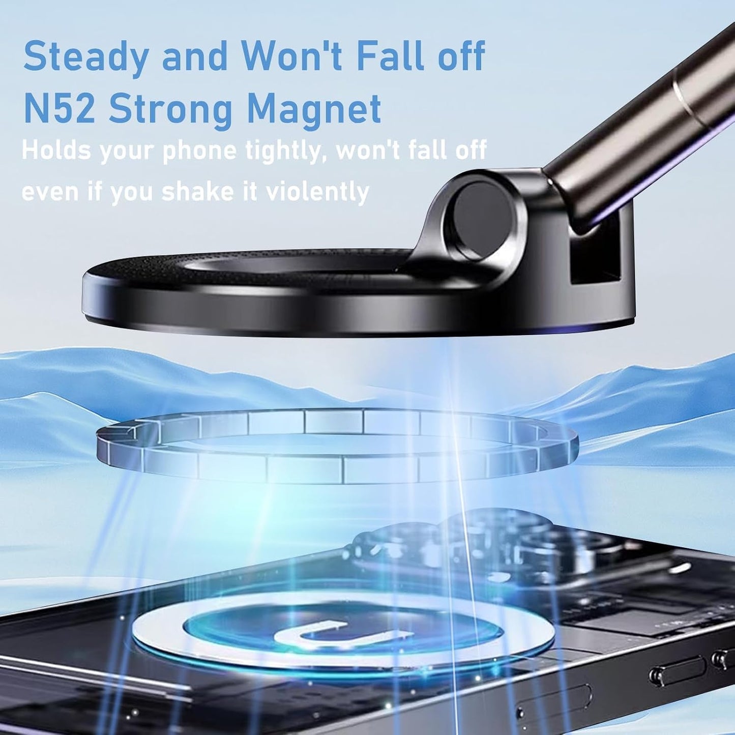 Magnetic Car Phone Holder - Foldable Arm & Vacuum Suction Base For Stable Hands-Free Navigation