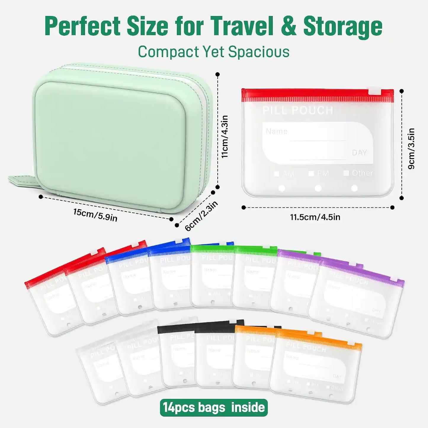 Weekly Pill Pouch Organizer – 14 Color-Coded Reusable Pouches with Travel Case