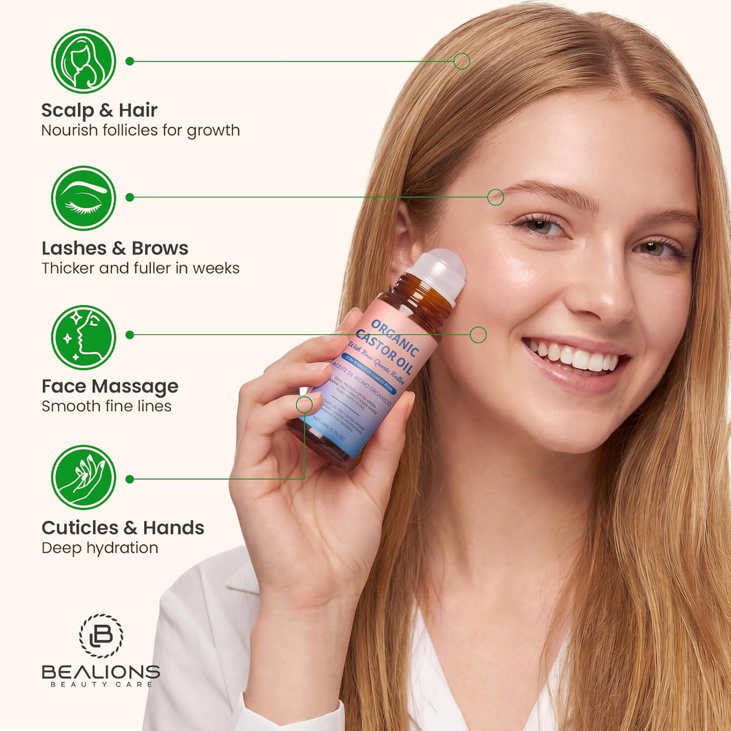 Organic Castor Oil Roll-On with Genuine Rose Quartz Massage Roller