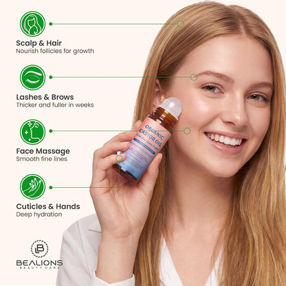 Organic Castor Oil Roll-On with Genuine Rose Quartz Massage Roller