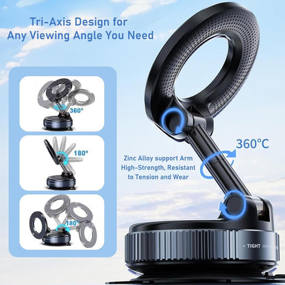 Magnetic Car Phone Holder - Foldable Arm & Vacuum Suction Base For Stable Hands-Free Navigation