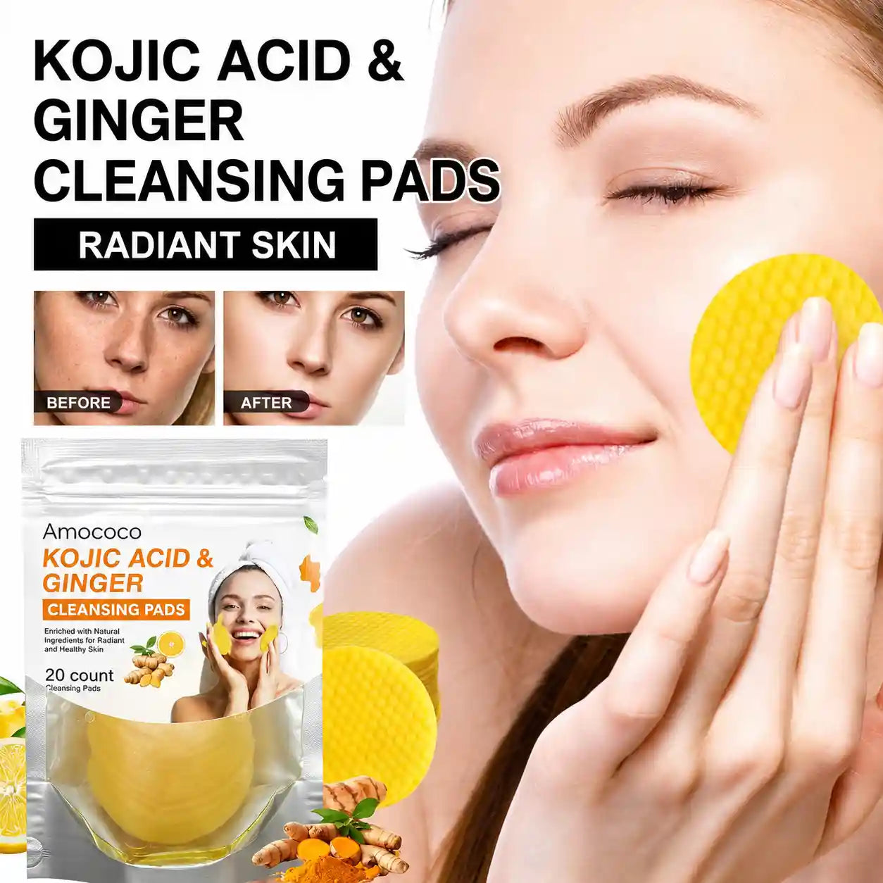 Brightening Cleansing Pads - Turmeric & Kojic Acid Formula For Fresh-Looking Glow