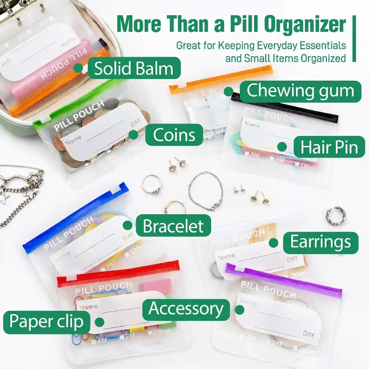 Weekly Pill Pouch Organizer – 14 Color-Coded Reusable Pouches with Travel Case