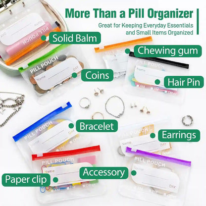Weekly Pill Pouch Organizer – 14 Color-Coded Reusable Pouches with Travel Case