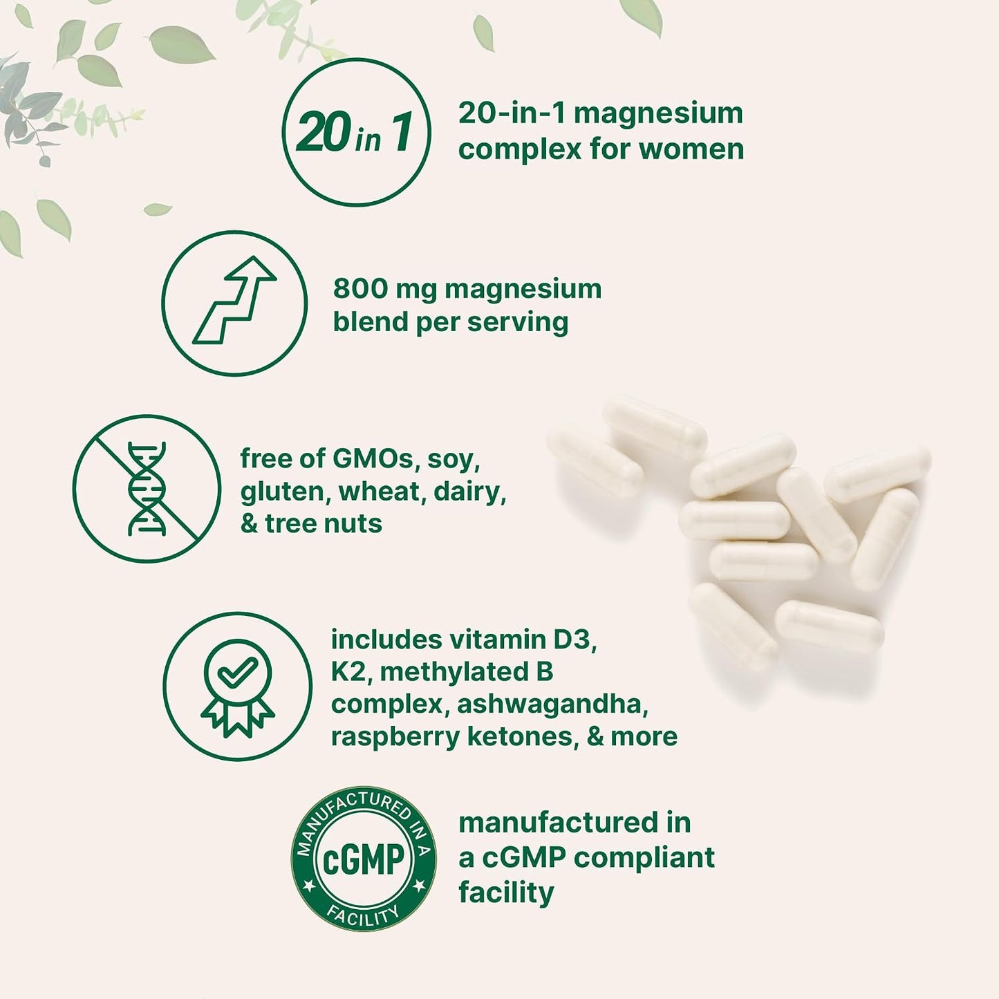 Simplify Your Daily Magnesium Routine--A 20-in-1 women's magnesium blend combining essential minerals and wellness ingredients in one easy daily formula.