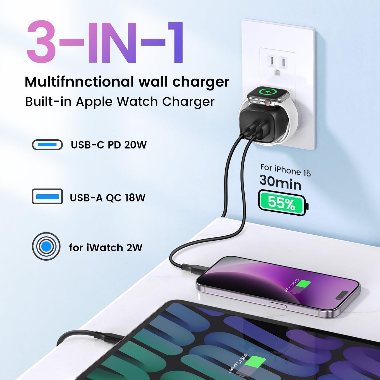 3-in-1 Apple Watch Charger - Built-In Magnetic Charging & 20W PD Power For A Cleaner Charging Setup