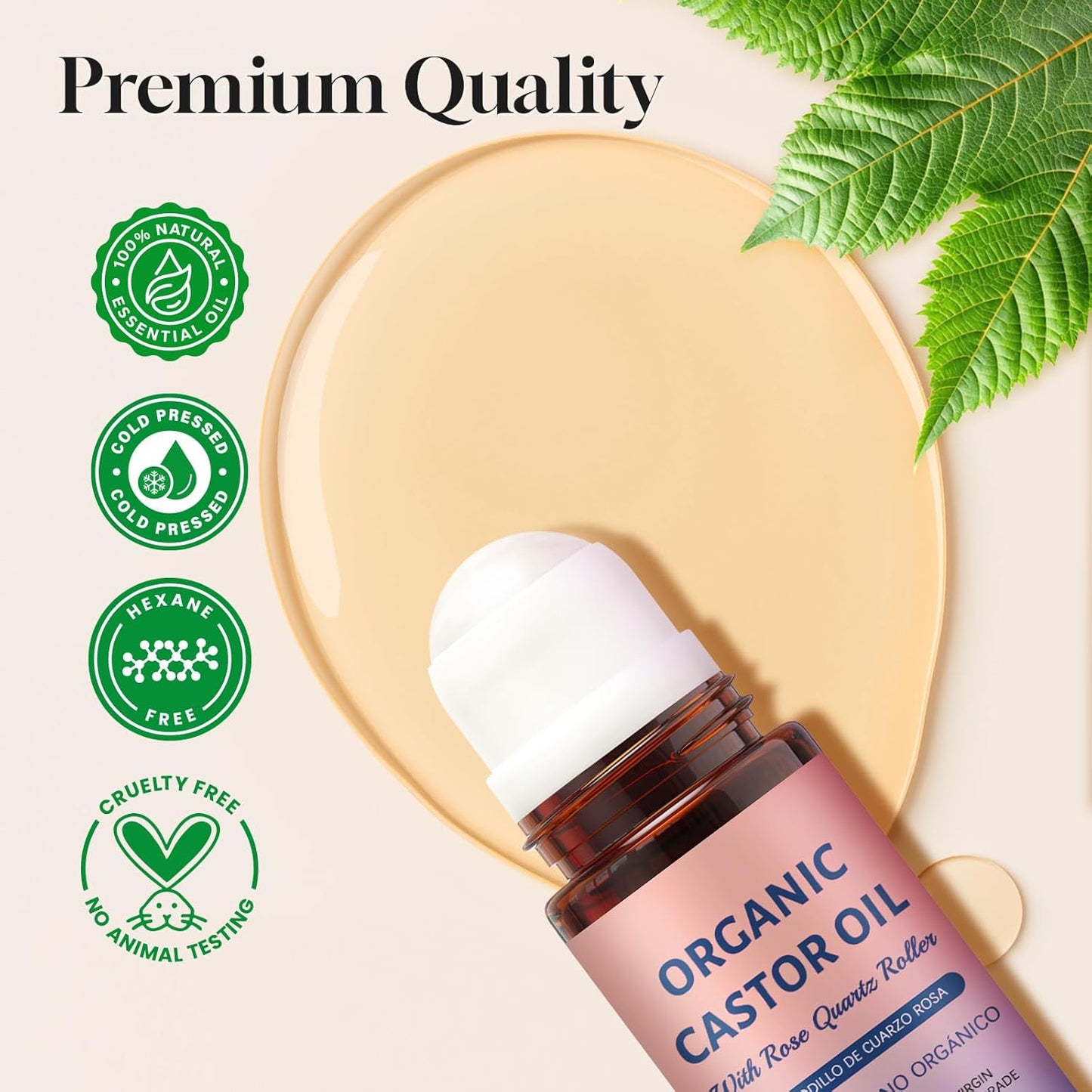 Organic Castor Oil Roll-On with Genuine Rose Quartz Massage Roller