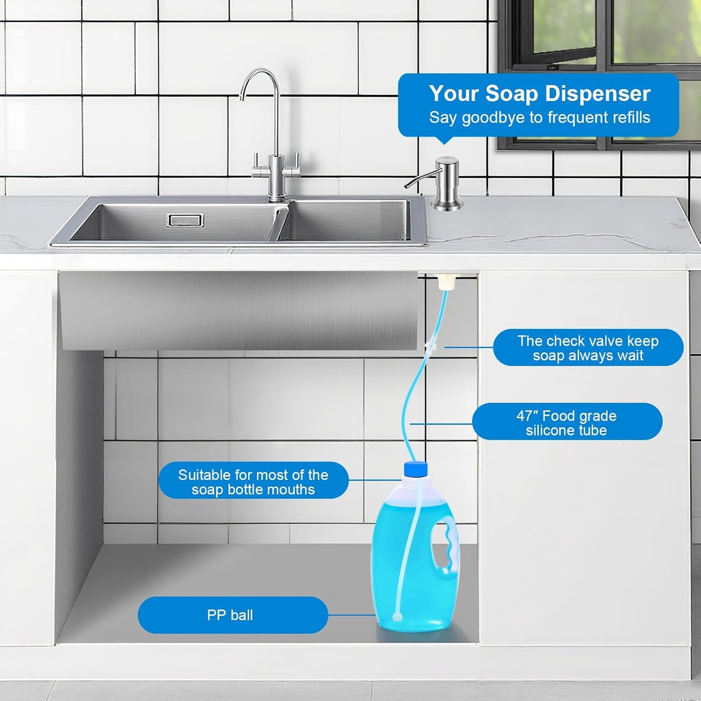 Sink Soap Dispenser - 39" Hidden Tube For A Cleaner Kitchen