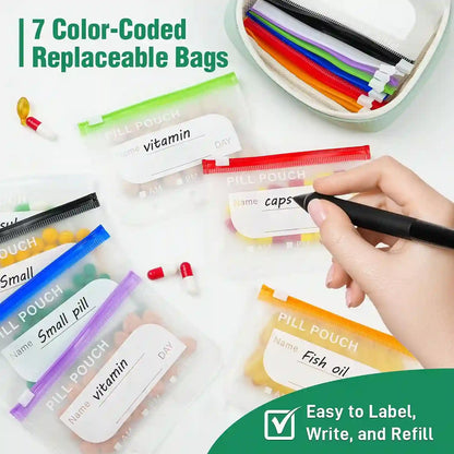 Weekly Pill Pouch Organizer – 14 Color-Coded Reusable Pouches with Travel Case