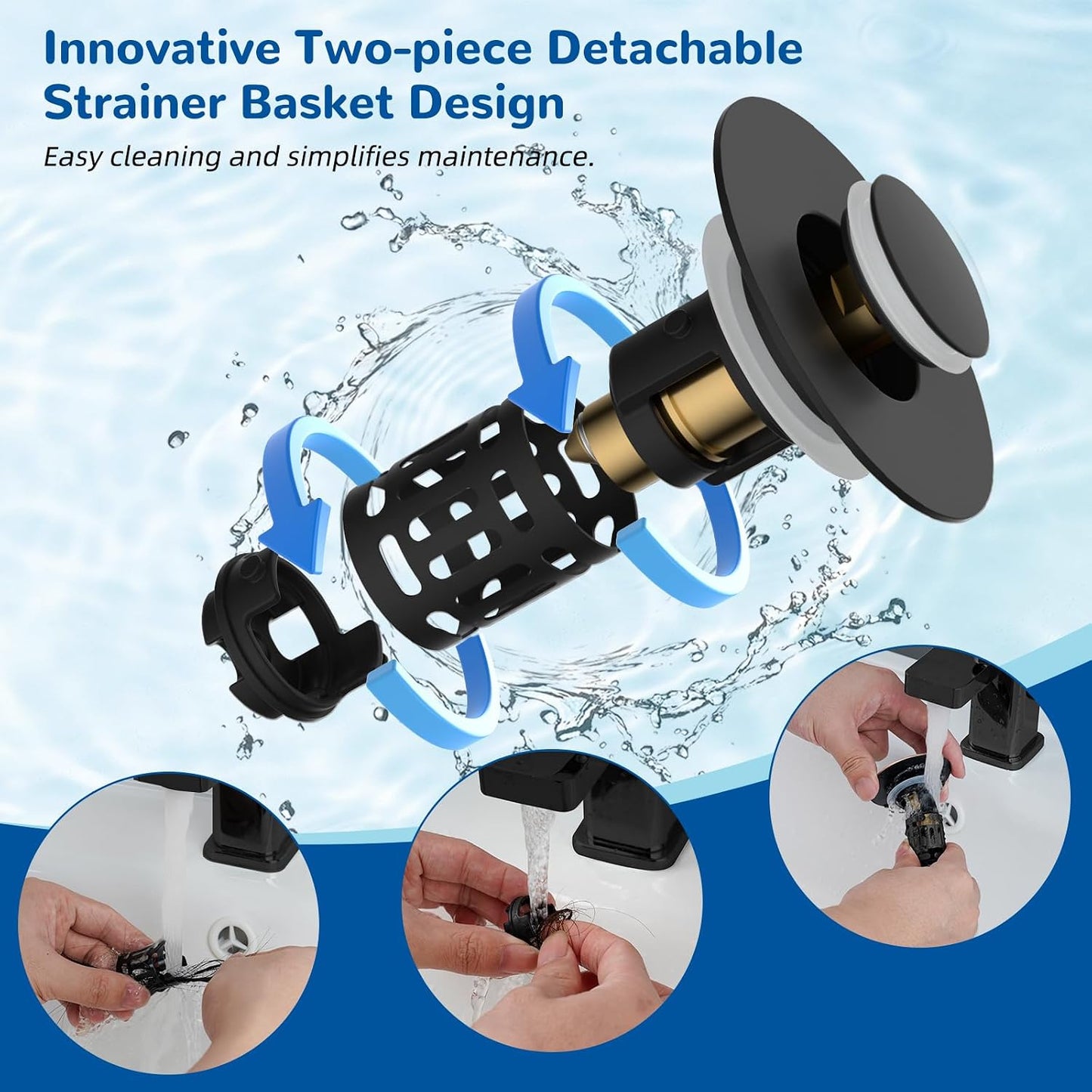 3-in-1 Bathroom Sink Drain Stopper - Pop-Up Hair Catcher For Cleaner Drains