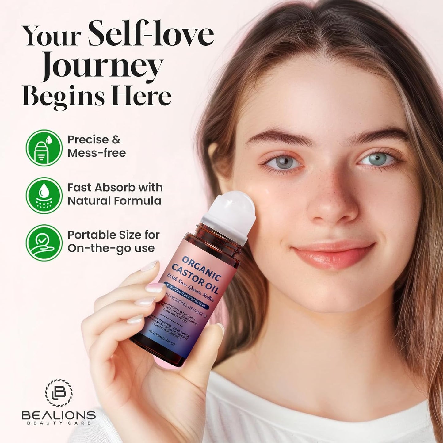 Organic Castor Oil Roll-On with Genuine Rose Quartz Massage Roller