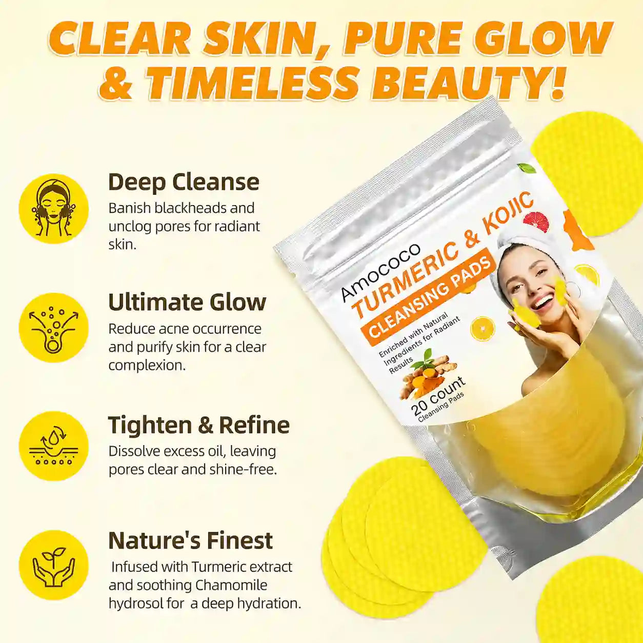 Brightening Cleansing Pads - Turmeric & Kojic Acid Formula For Fresh-Looking Glow