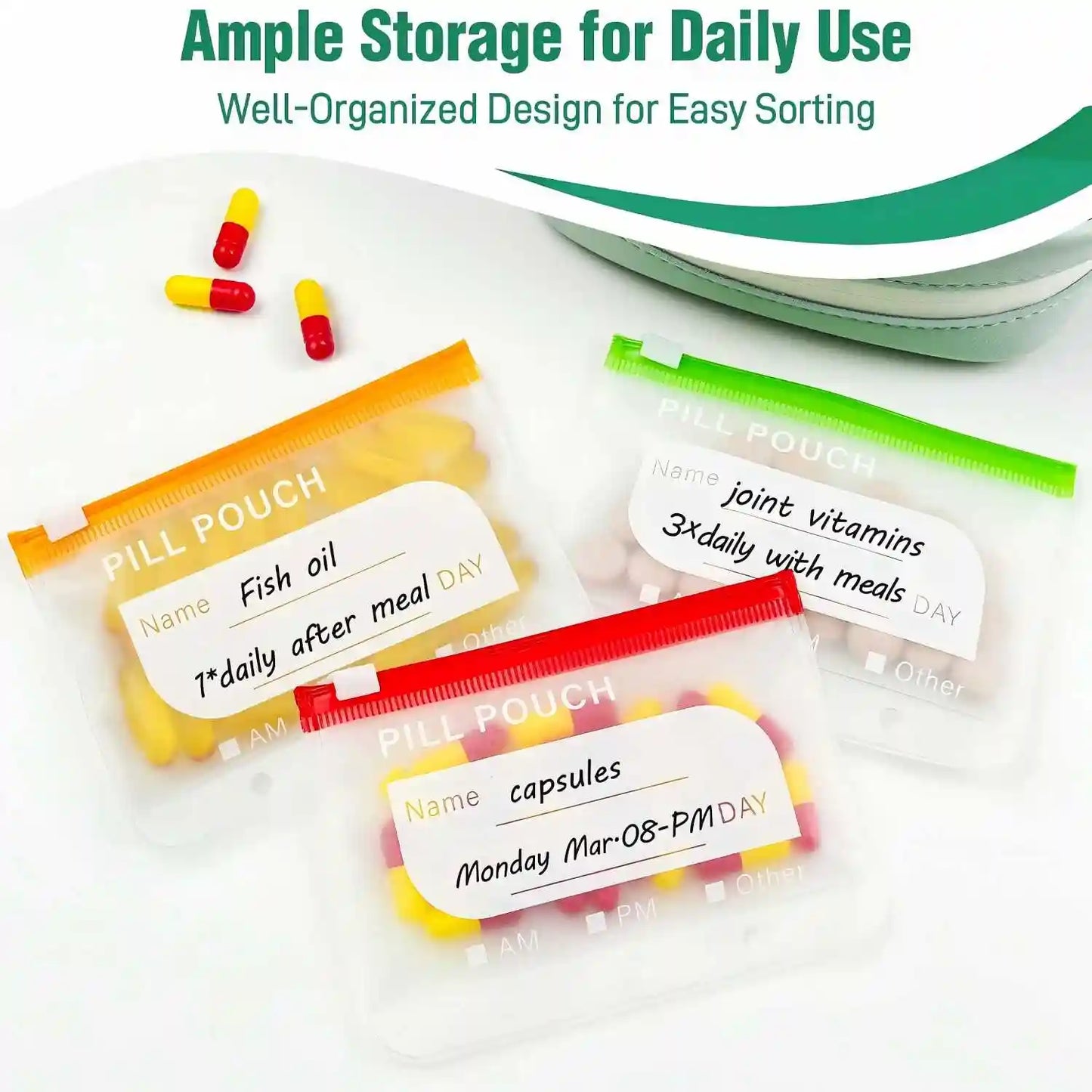 Weekly Pill Pouch Organizer – 14 Color-Coded Reusable Pouches with Travel Case