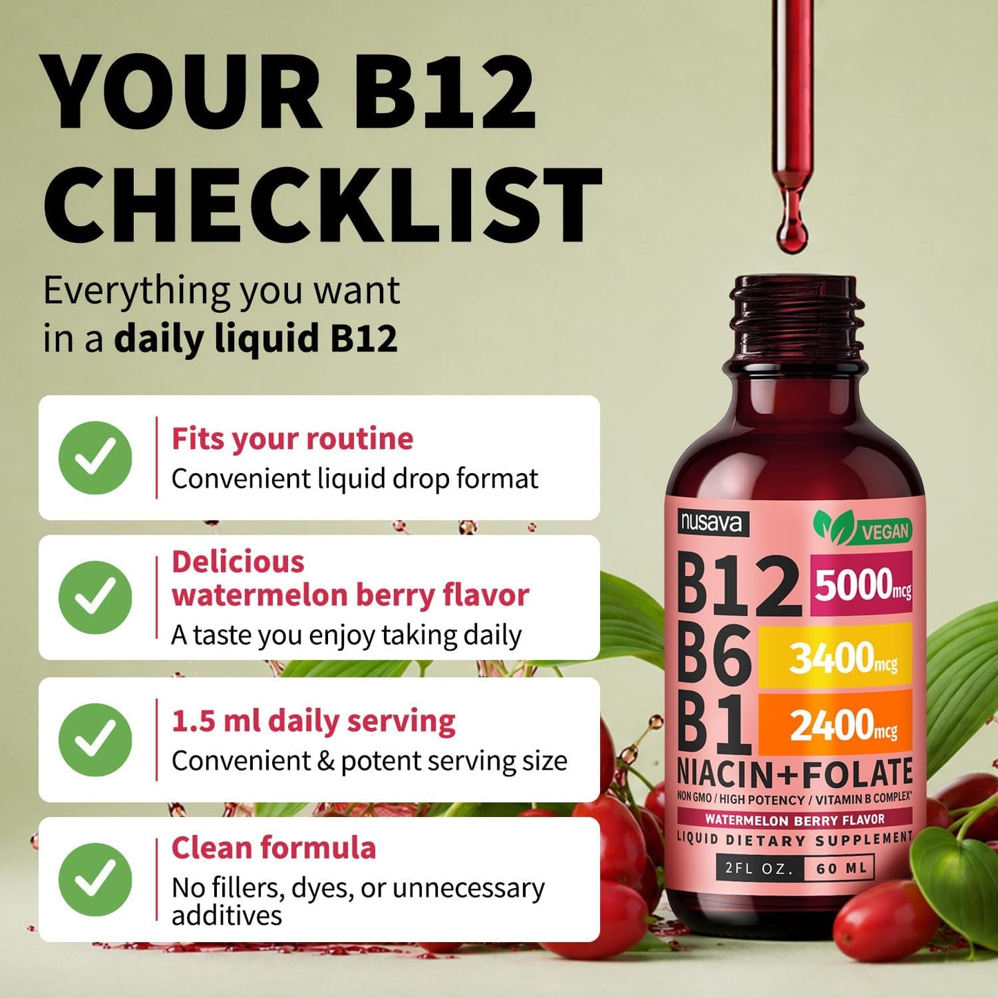 Liquid Vitamin B12 Drops - High Potency B-Complex Formula For Daily Energy Support