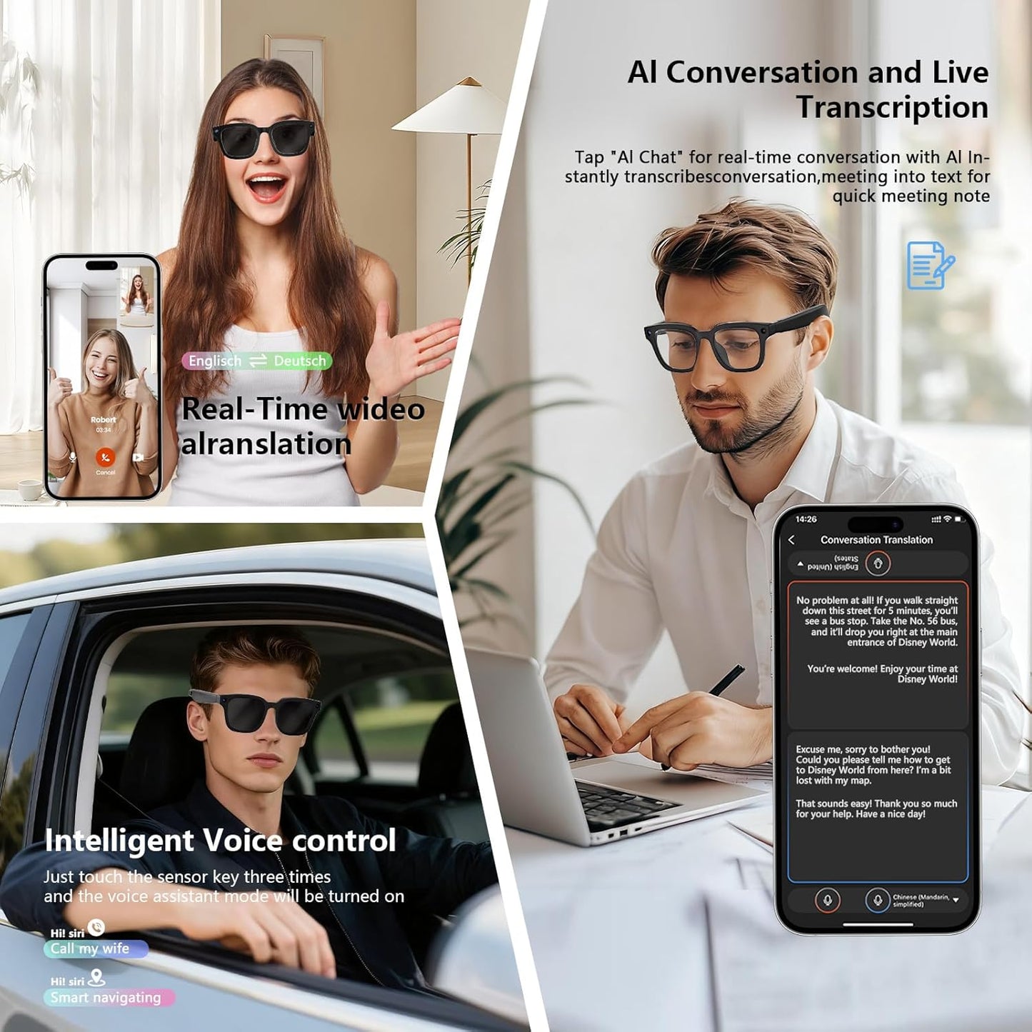 AI Smart Glasses: 8MP 4K Video Recording & Real-Time Translation (160+ Languages)