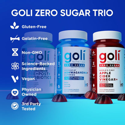 Zero Sugar 3-Bottle Wellness Gummy Trio for Daily Gut, Digestion & Stress Support Routine