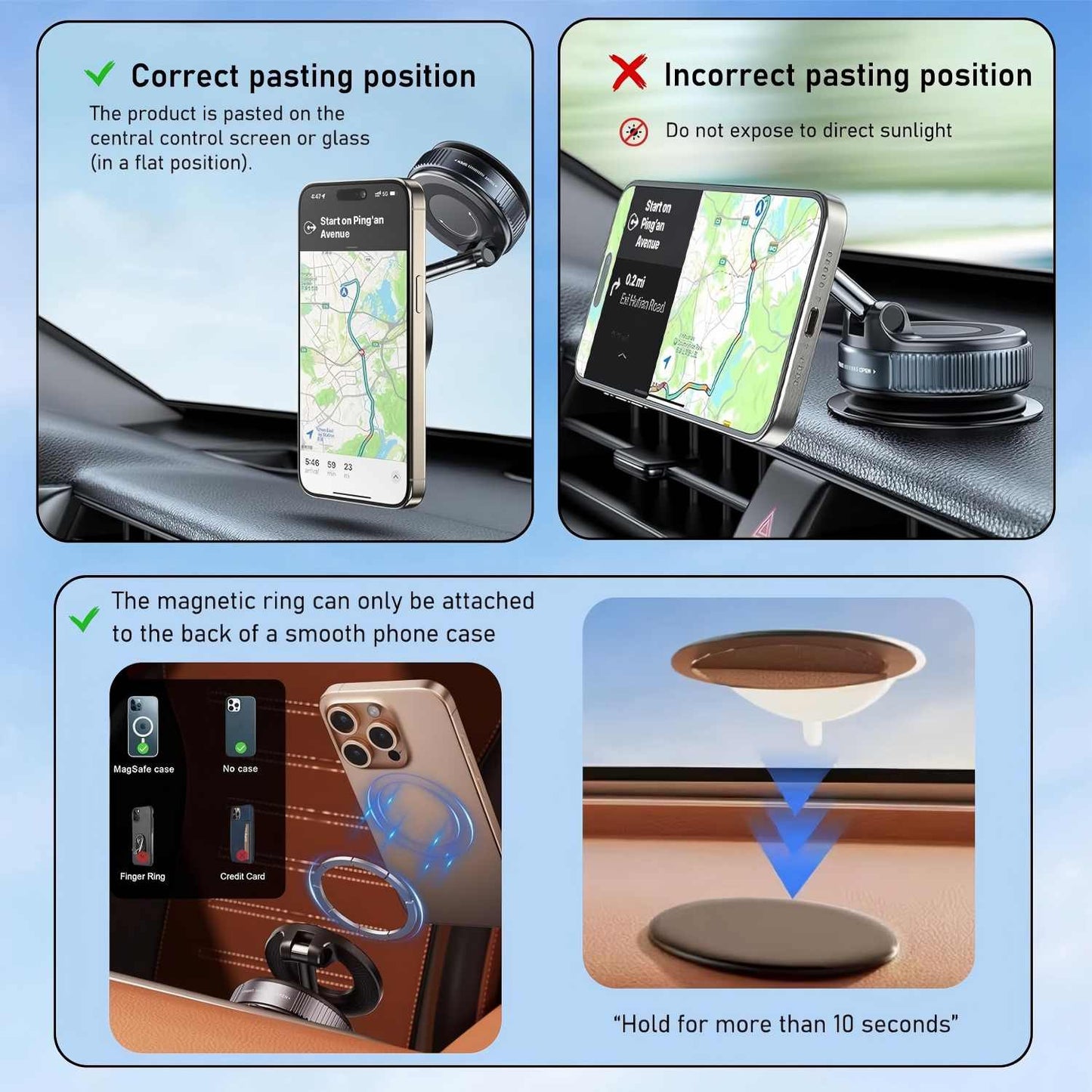 Magnetic Car Phone Holder - Foldable Arm & Vacuum Suction Base For Stable Hands-Free Navigation