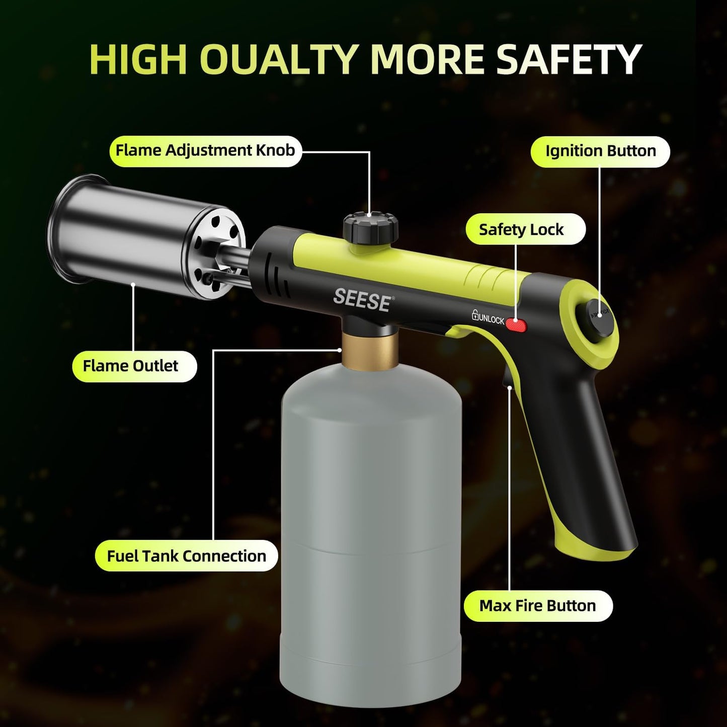 High-Power Utility Torch — One-Touch Ignition & Adjustable Flame for BBQ, Searing & Outdoor Fire Starting