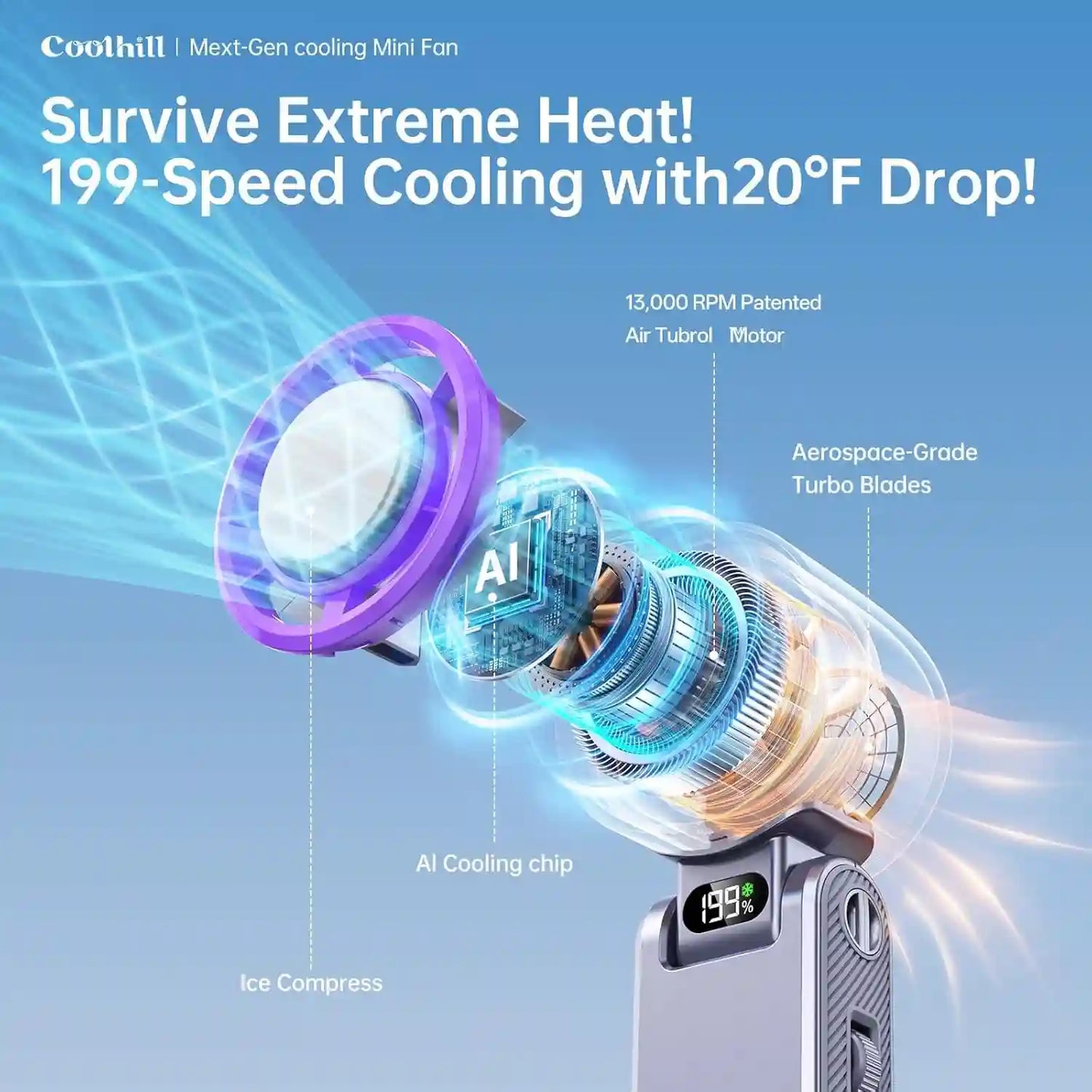 High-Speed Portable Fan – 199-Speed Turbo Ice Cooling For Instant Summer Relief