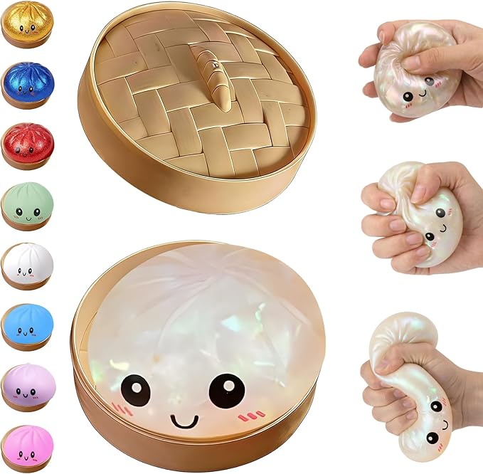 Cute Steamed Bun Squishy Toys — Safe Anti-Stress Venting Squeeze Balls with Steamer Container