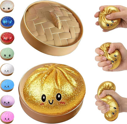 Cute Steamed Bun Squishy Toys — Safe Anti-Stress Venting Squeeze Balls with Steamer Container