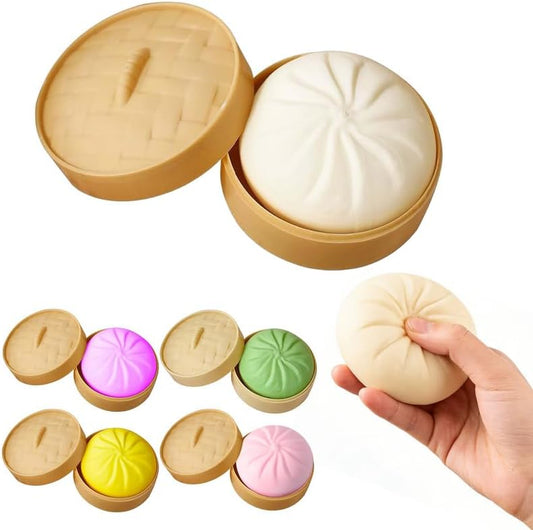Cute Steamed Bun Squishy Toys — Safe Anti-Stress Venting Squeeze Balls with Steamer Container
