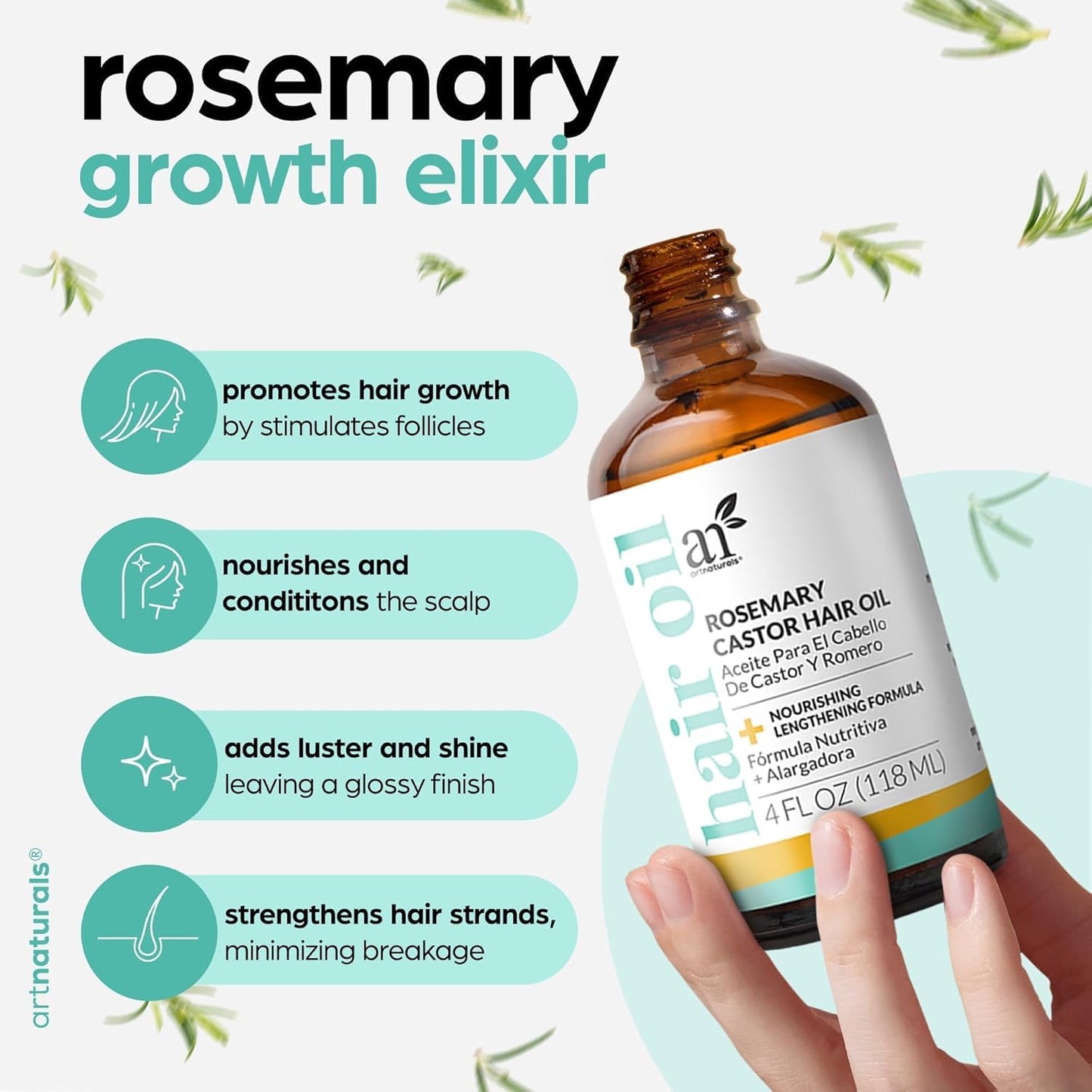 Natural Rosemary & Castor Hair Growth Elixir with Ergonomic Scalp Massager Kit