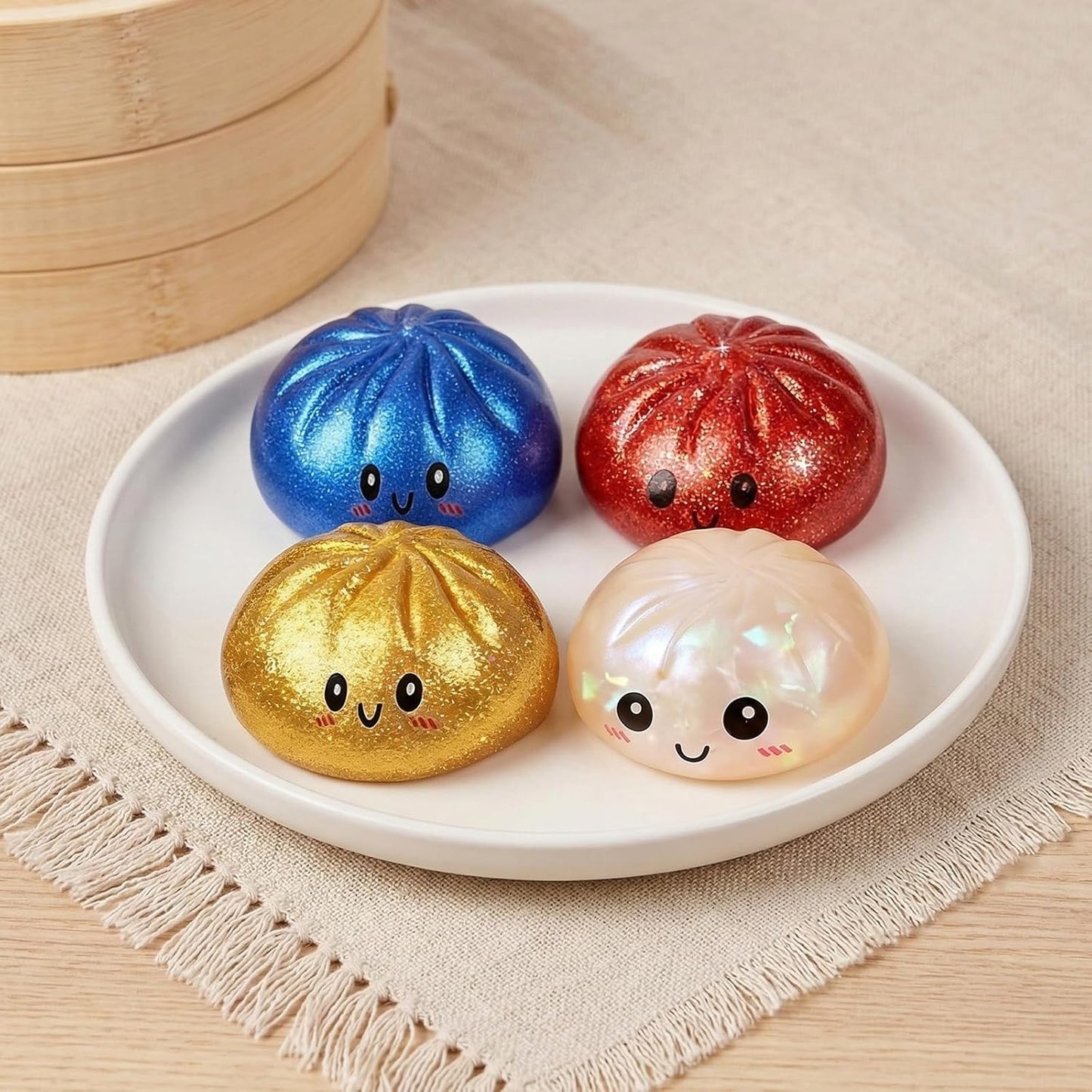 Cute Steamed Bun Squishy Toys — Safe Anti-Stress Venting Squeeze Balls with Steamer Container