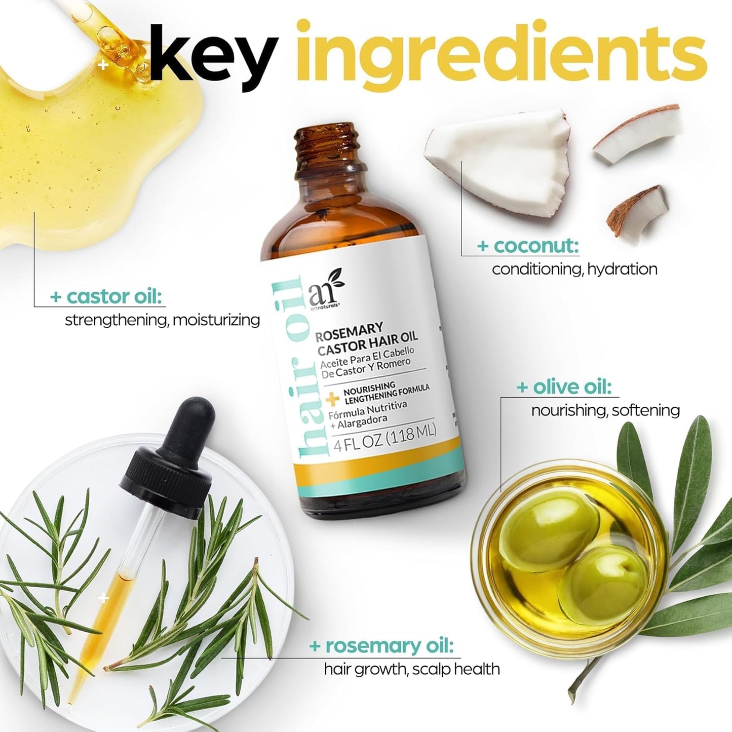 Natural Rosemary & Castor Hair Growth Elixir with Ergonomic Scalp Massager Kit