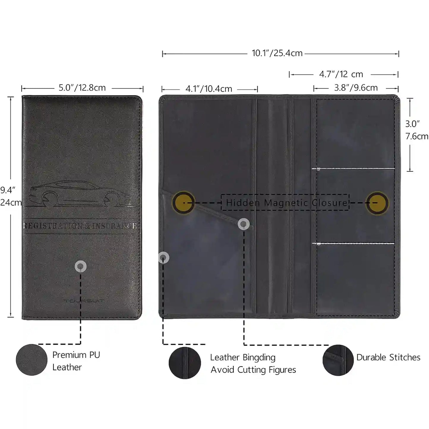 Car Document Holder - Magnetic Closure Organizer For Easy Access To Registration & Insurance Cards