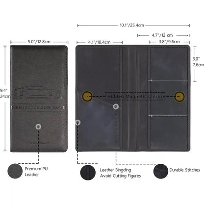 Car Document Holder - Magnetic Closure Organizer For Easy Access To Registration & Insurance Cards