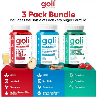 Zero Sugar 3-Bottle Wellness Gummy Trio for Daily Gut, Digestion & Stress Support Routine